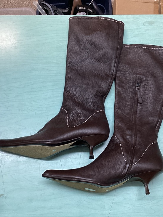 Giuseppe Zanotti Shoes - Giuseppe Zanotti Dark Brown Leather Pointed-Toe Mid-Calf Kitten Heel Boots
